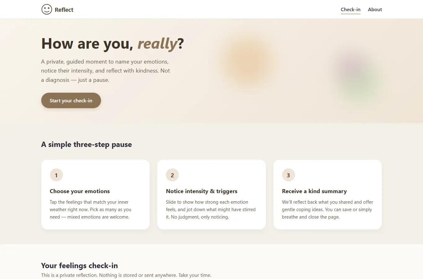 Screenshot of Emotional Awareness Reflection interface showing the project page in use